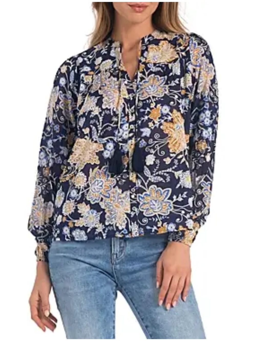 Elan Navy Blue Yellow Botanical Floral Peasant Blouse Boho Tassel Tie Neck Large